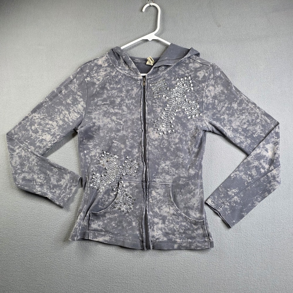 Kavio Hoodie‎ Womens Size Extra Large Grey Full Zip Cross Roses Rhinestones Y2K